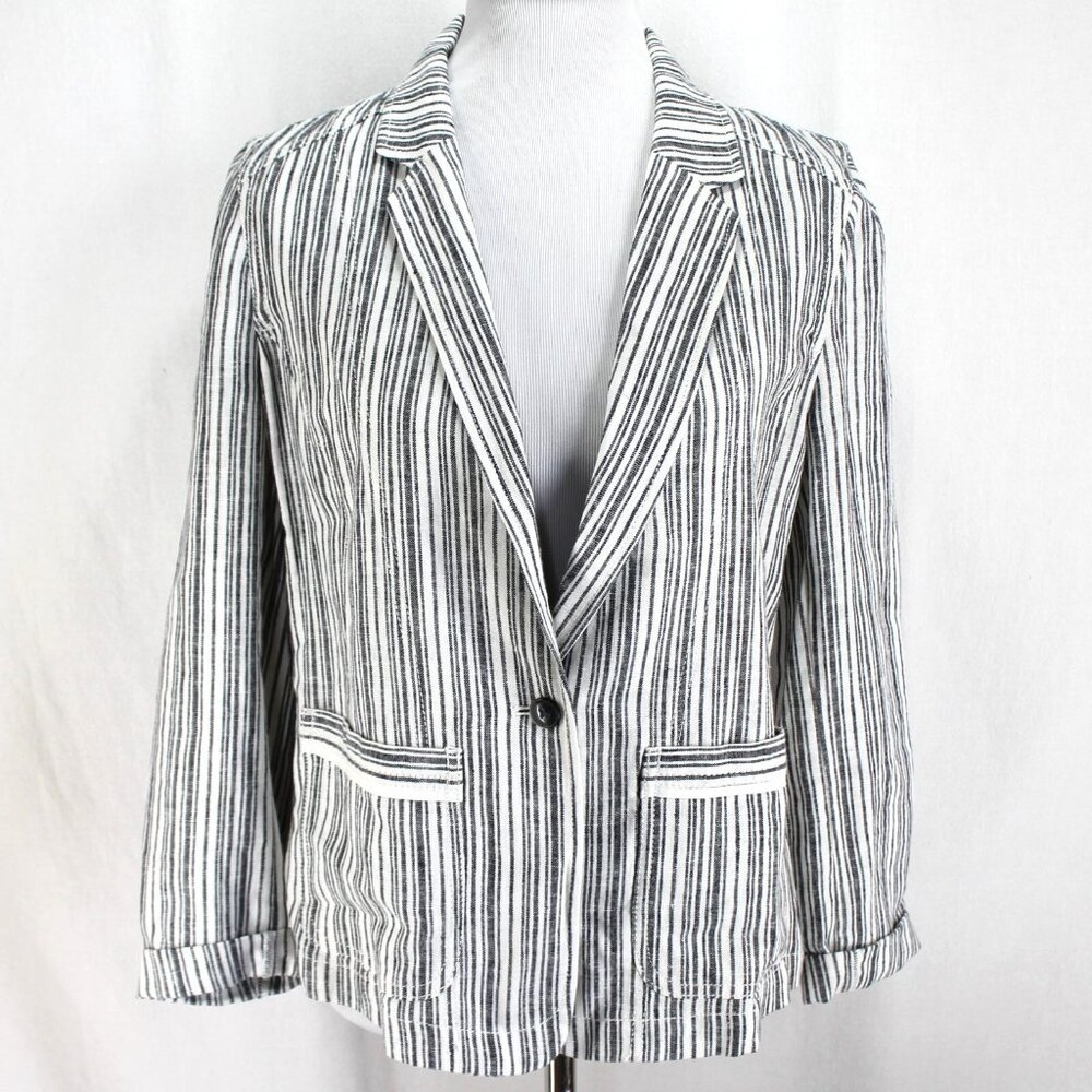 Maurices Linen Blend Blazer Womens Size M White Blue Stripe Long Sleeve Unlined